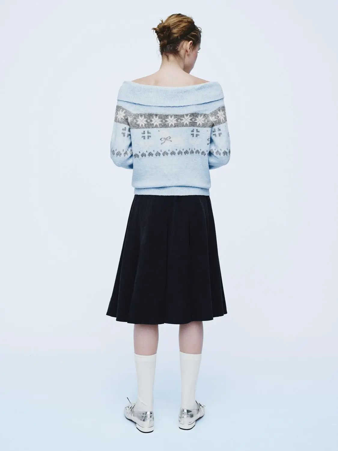 Ribbed Fair Isle Off-Shoulder Long Sleeve Sweater
