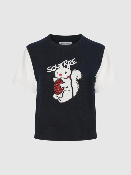 Ribbed Squirrel Graphic Crew Neck Short Sleeve Cotton Knit Top