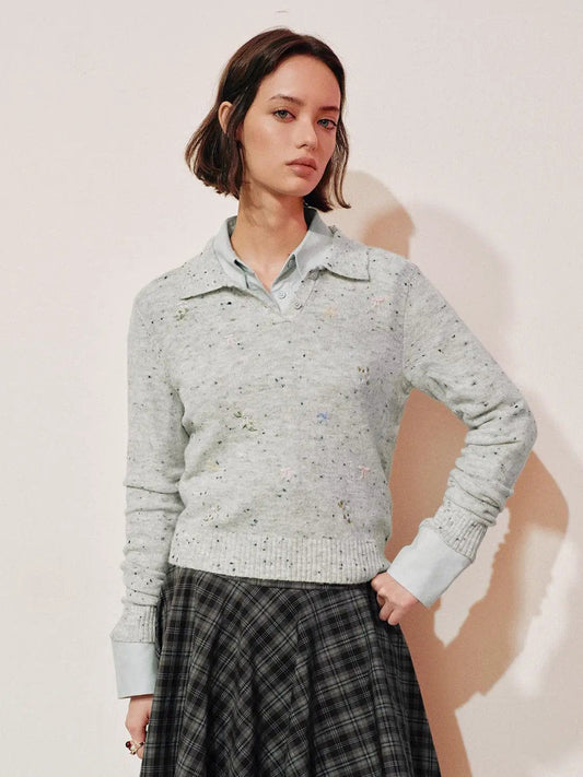 Embroidered Floral Knit Polo Collar Long Sleeve Sweater