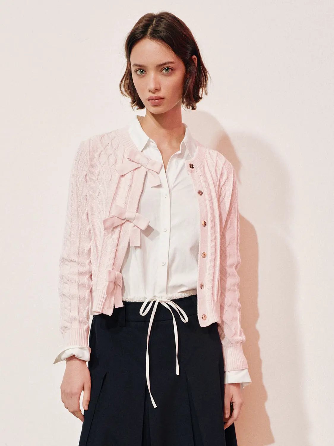 Cable Knit Bow Crew Neck Long Sleeve Cotton Blend Cardigan