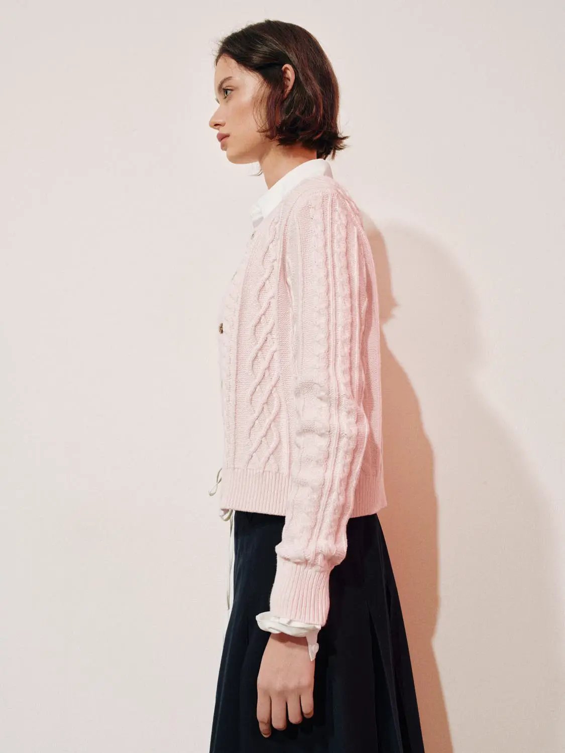 Cable Knit Bow Crew Neck Long Sleeve Cotton Blend Cardigan