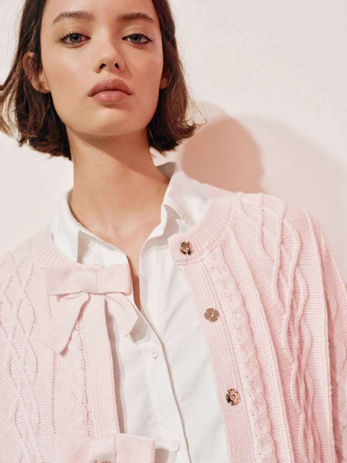 Cable Knit Bow Crew Neck Long Sleeve Cotton Blend Cardigan