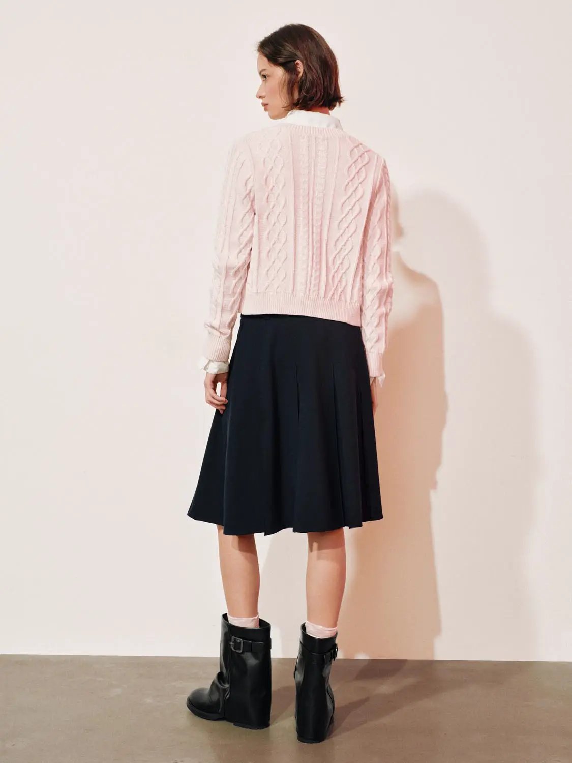 Cable Knit Bow Crew Neck Long Sleeve Cotton Blend Cardigan
