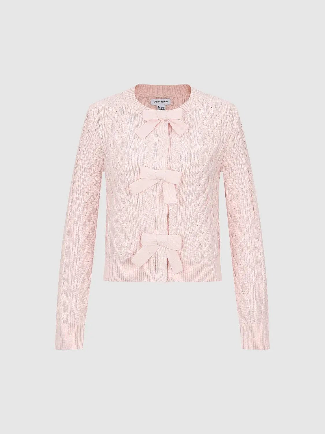 Cable Knit Bow Crew Neck Long Sleeve Cotton Blend Cardigan