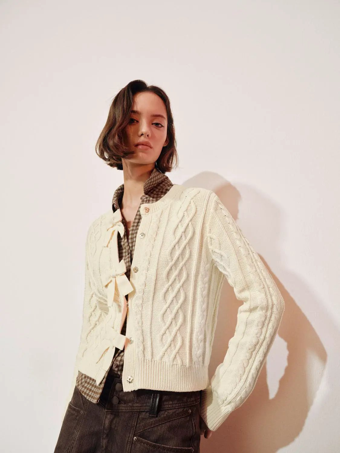 Cable Knit Bow Crew Neck Long Sleeve Cotton Blend Cardigan