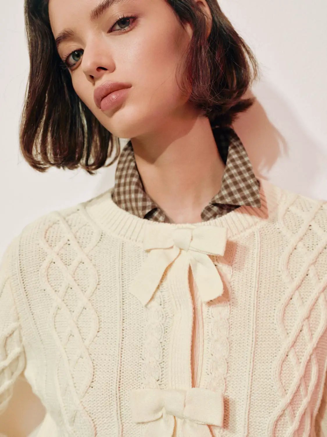 Cable Knit Bow Crew Neck Long Sleeve Cotton Blend Cardigan