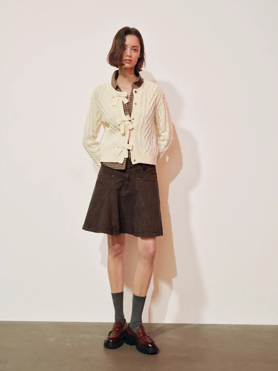Cable Knit Bow Crew Neck Long Sleeve Cotton Blend Cardigan