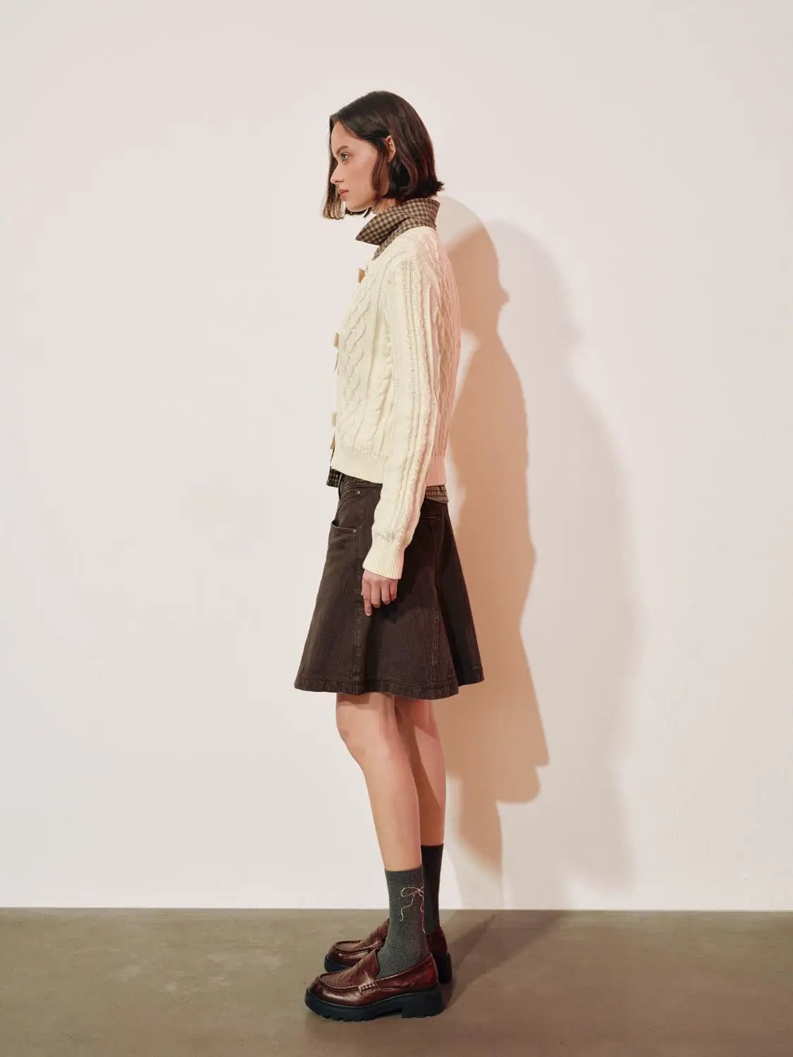 Cable Knit Bow Crew Neck Long Sleeve Cotton Blend Cardigan