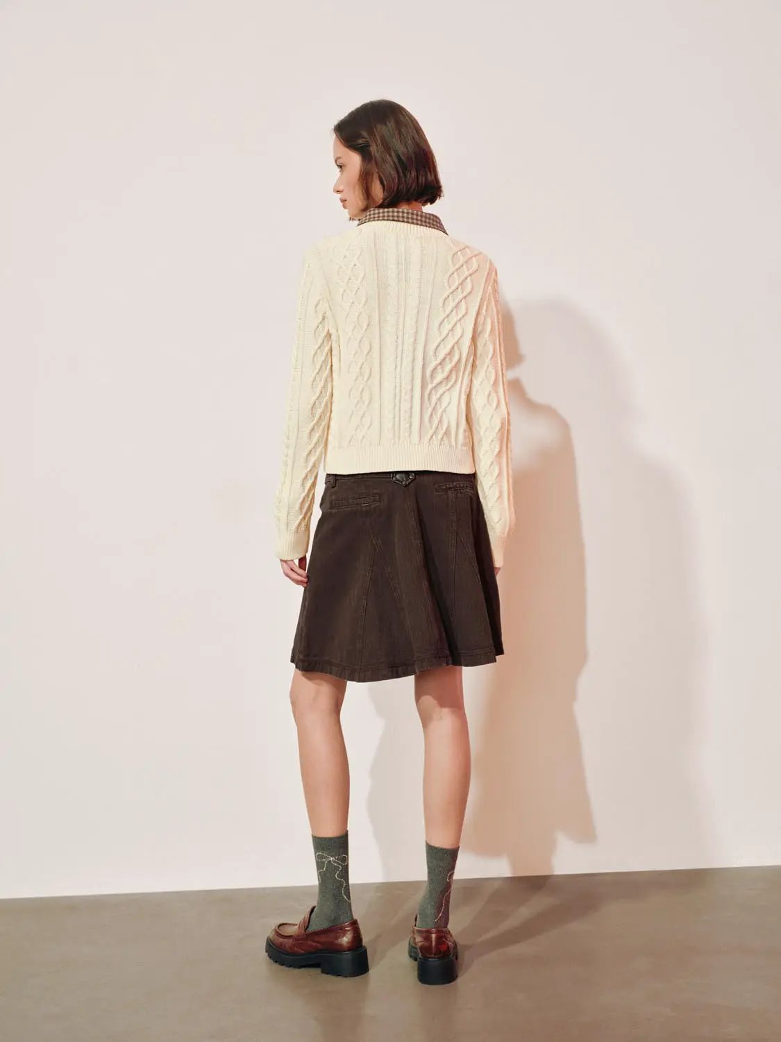 Cable Knit Bow Crew Neck Long Sleeve Cotton Blend Cardigan