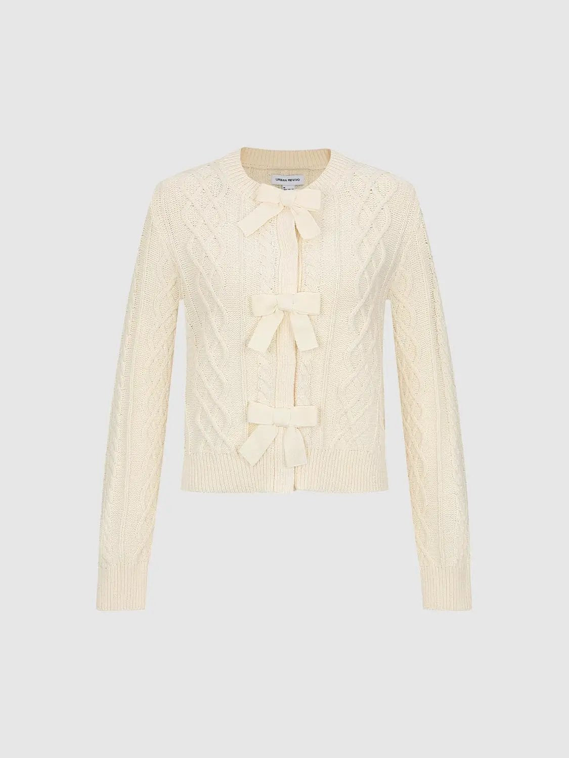 Cable Knit Bow Crew Neck Long Sleeve Cotton Blend Cardigan