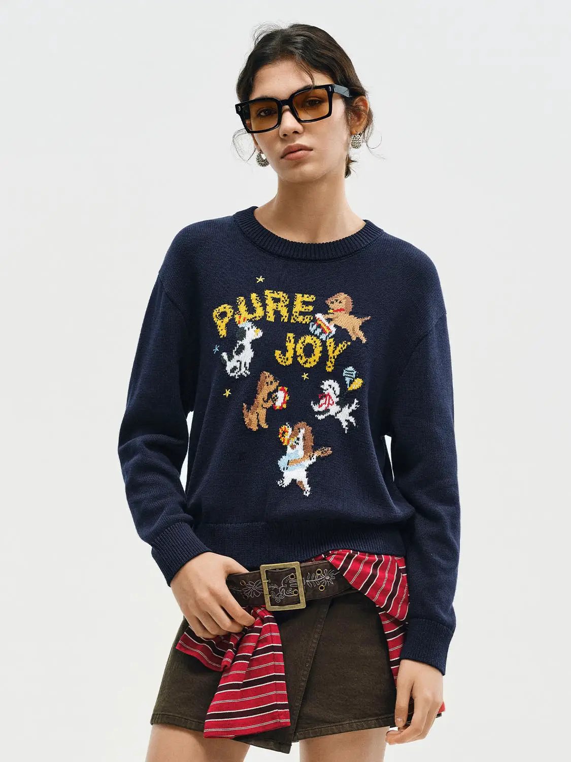 Graphic Ribbed Crew Neck Long Sleeve Cotton Sweater