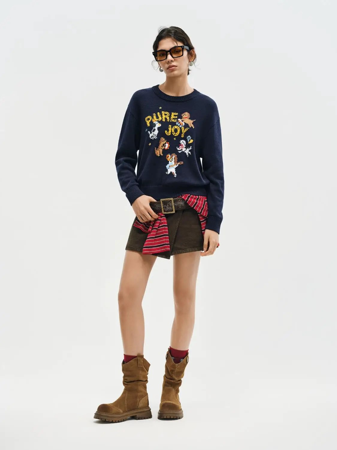 Graphic Ribbed Crew Neck Long Sleeve Cotton Sweater