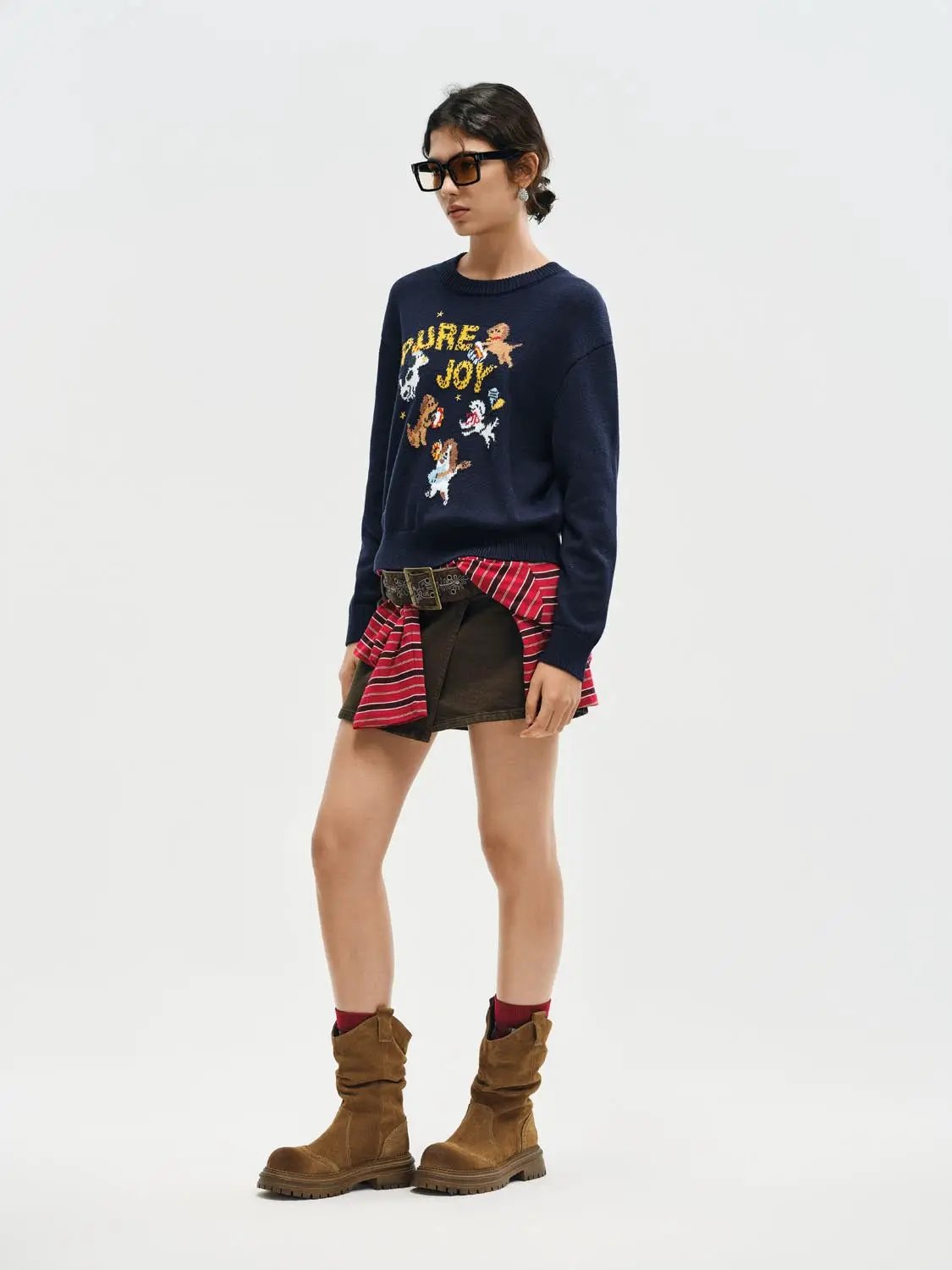 Graphic Ribbed Crew Neck Long Sleeve Cotton Sweater