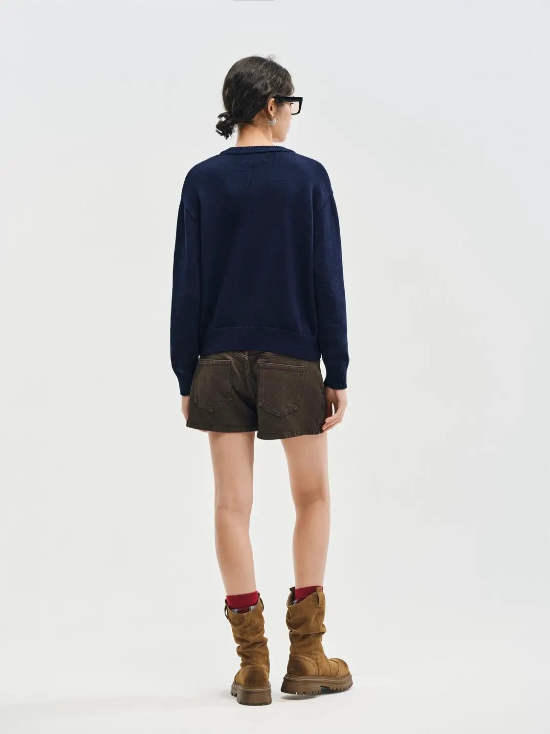 Graphic Ribbed Crew Neck Long Sleeve Cotton Sweater