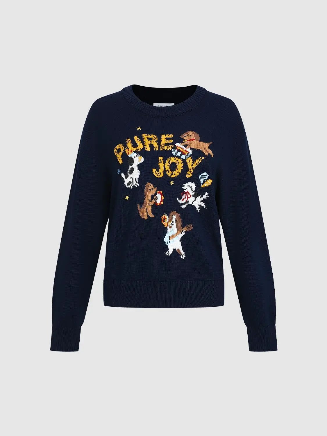 Graphic Ribbed Crew Neck Long Sleeve Cotton Sweater