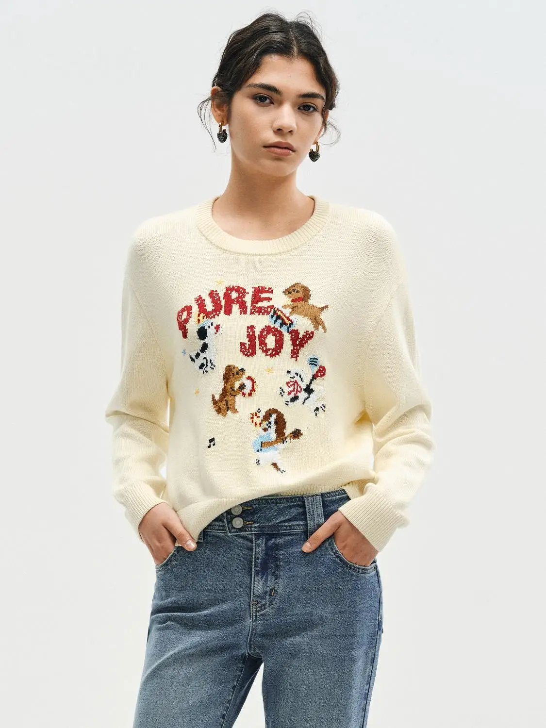 Graphic Ribbed Crew Neck Long Sleeve Cotton Sweater