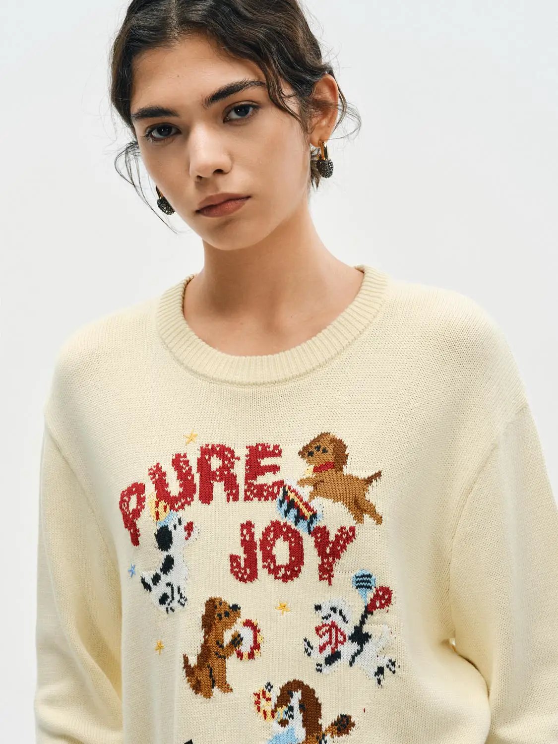 Graphic Ribbed Crew Neck Long Sleeve Cotton Sweater