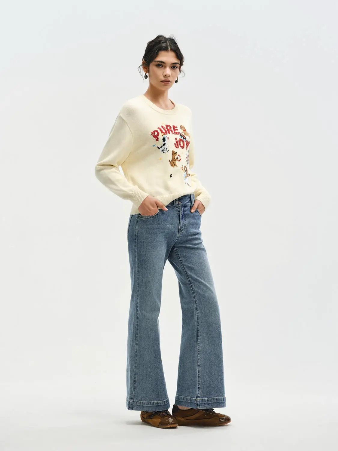 Graphic Ribbed Crew Neck Long Sleeve Cotton Sweater