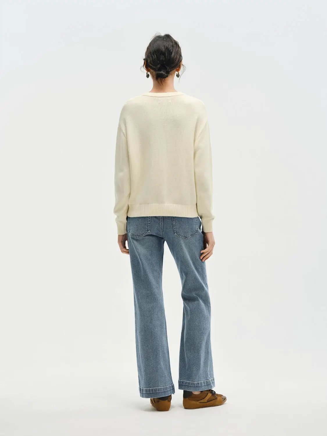 Graphic Ribbed Crew Neck Long Sleeve Cotton Sweater