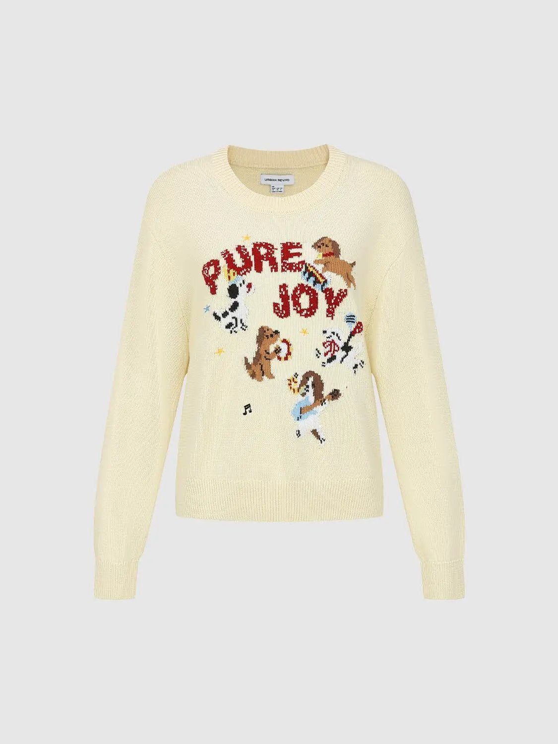 Graphic Ribbed Crew Neck Long Sleeve Cotton Sweater