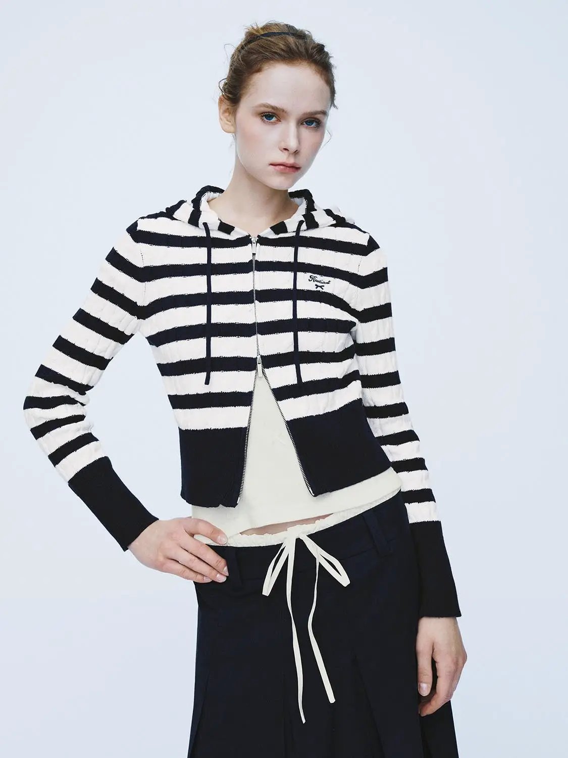Striped Drawstring Zip Front Long Sleeve Cotton Hoodie