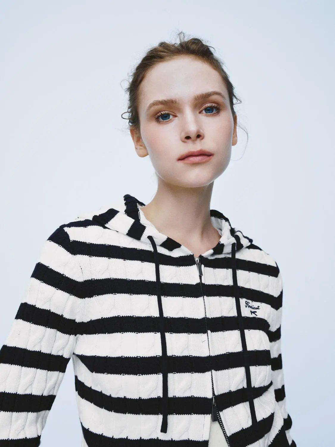 Striped Drawstring Zip Front Long Sleeve Cotton Hoodie