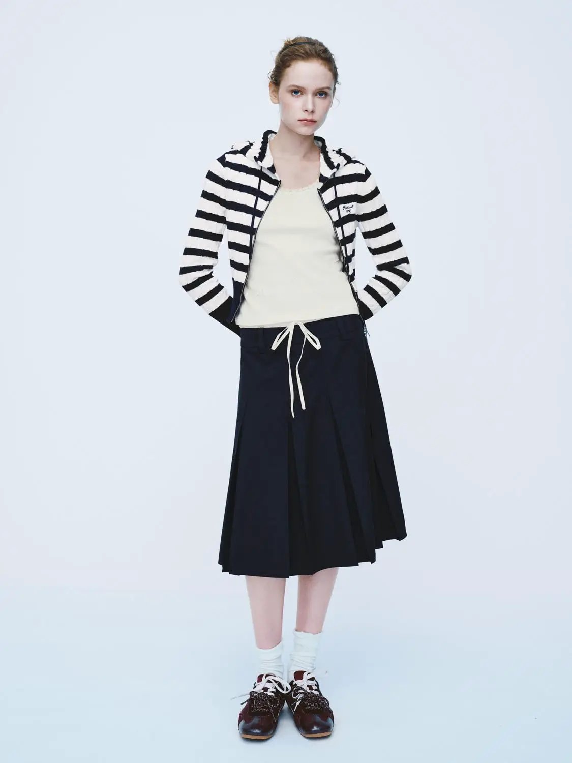 Striped Drawstring Zip Front Long Sleeve Cotton Hoodie