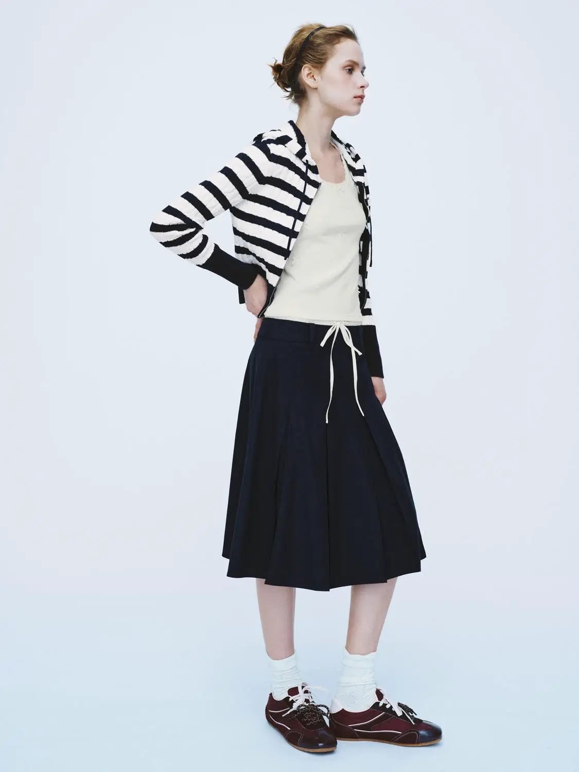 Striped Drawstring Zip Front Long Sleeve Cotton Hoodie