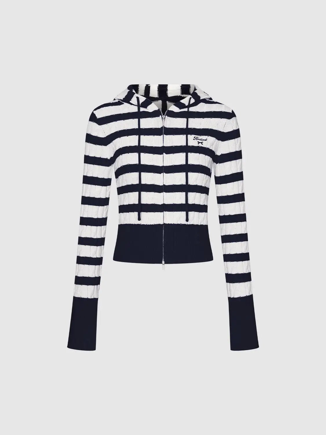 Striped Drawstring Zip Front Long Sleeve Cotton Hoodie