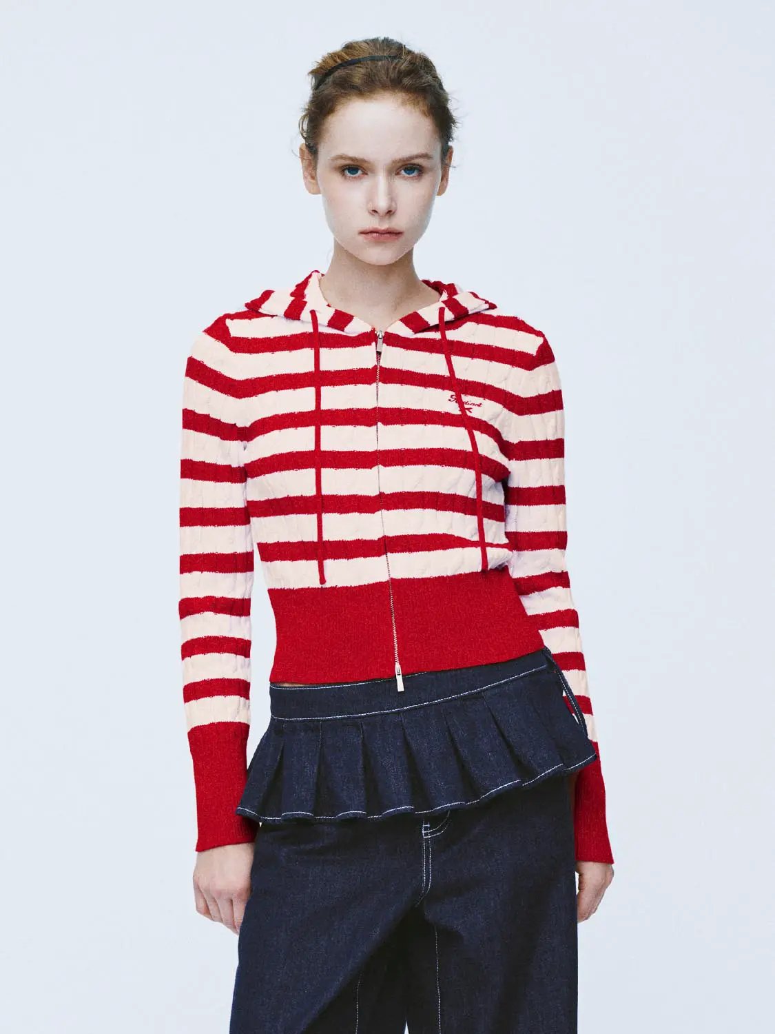 Striped Drawstring Zip Front Long Sleeve Cotton Hoodie