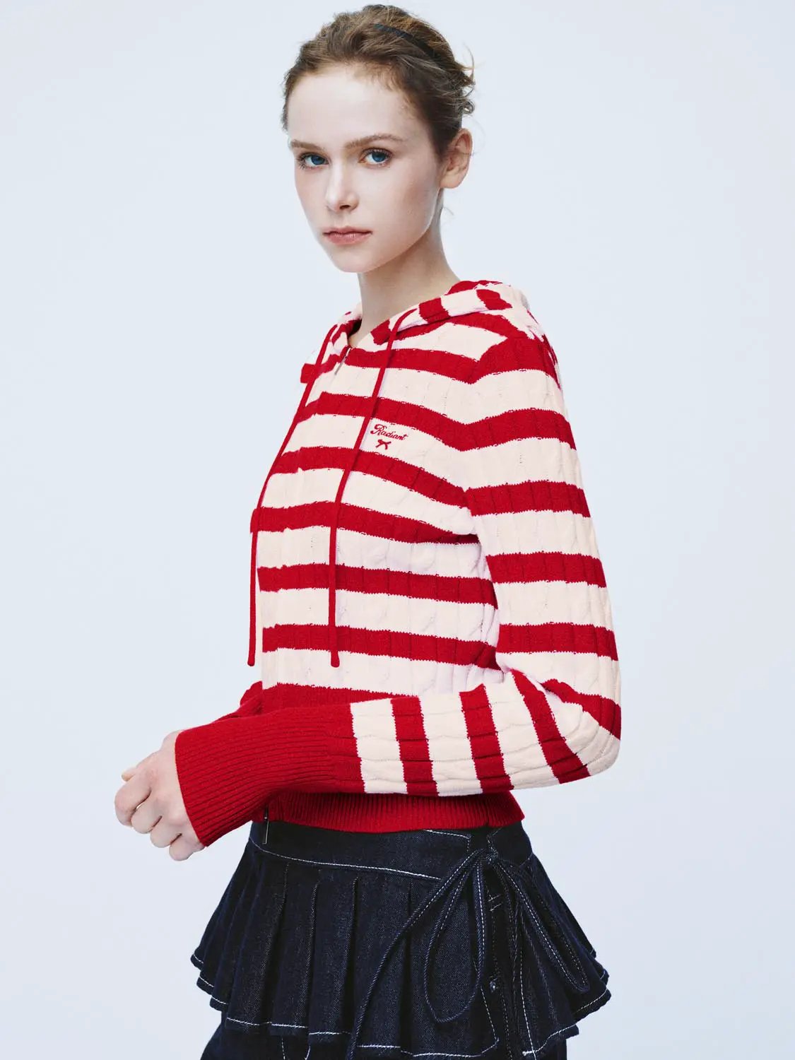 Striped Drawstring Zip Front Long Sleeve Cotton Hoodie