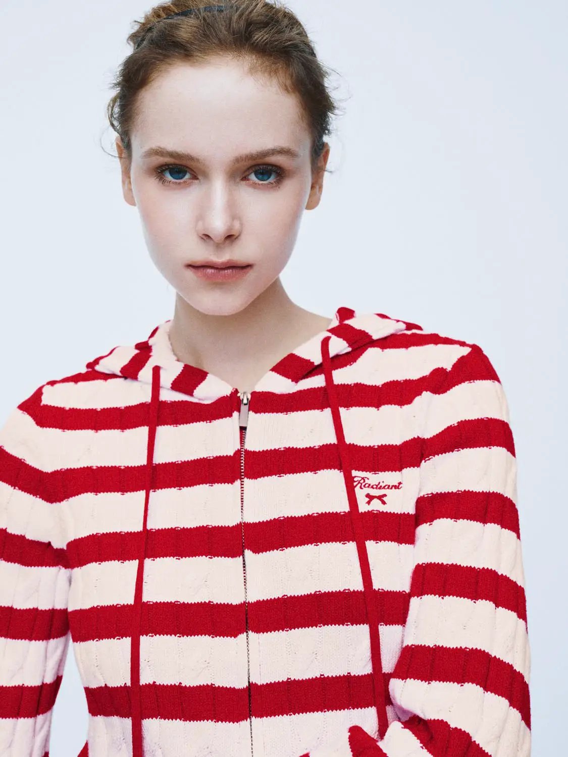Striped Drawstring Zip Front Long Sleeve Cotton Hoodie