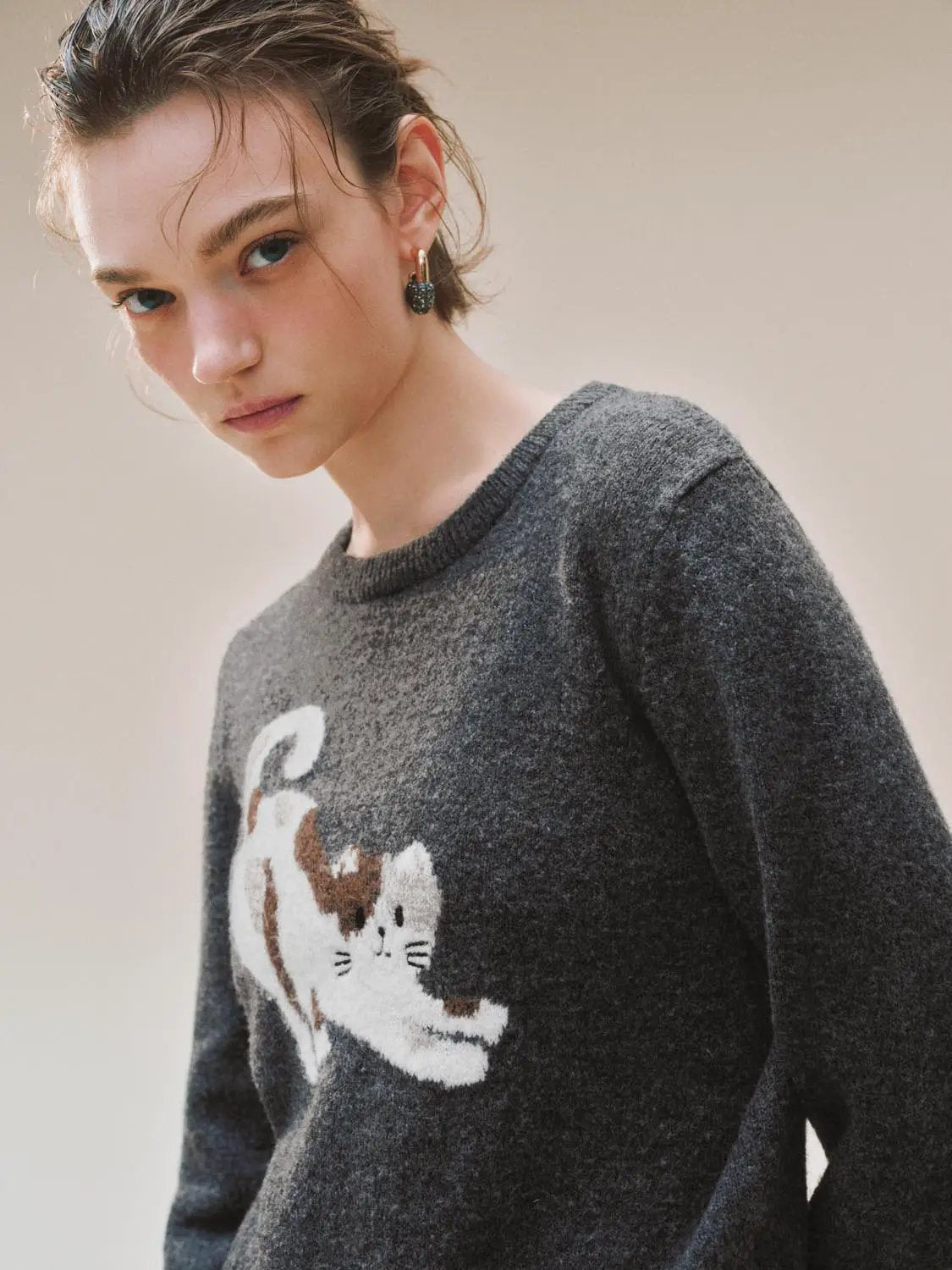 Cat Graphic Knit Crew Neck Long Sleeve Sweater