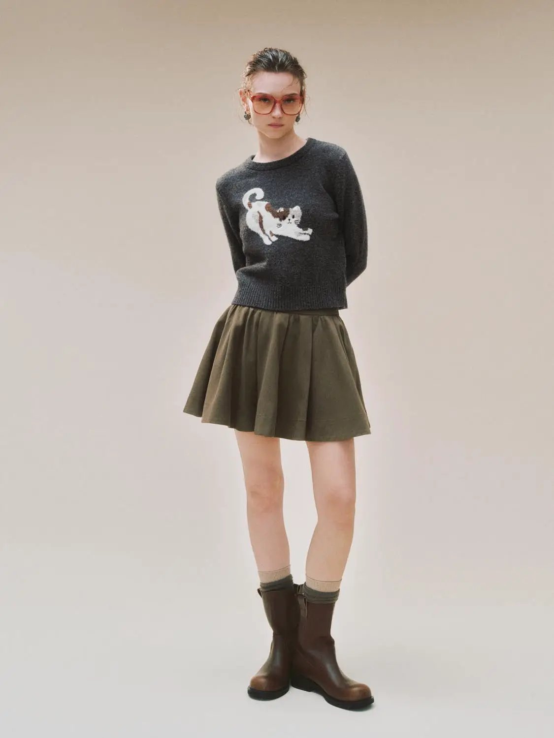 Cat Graphic Knit Crew Neck Long Sleeve Sweater