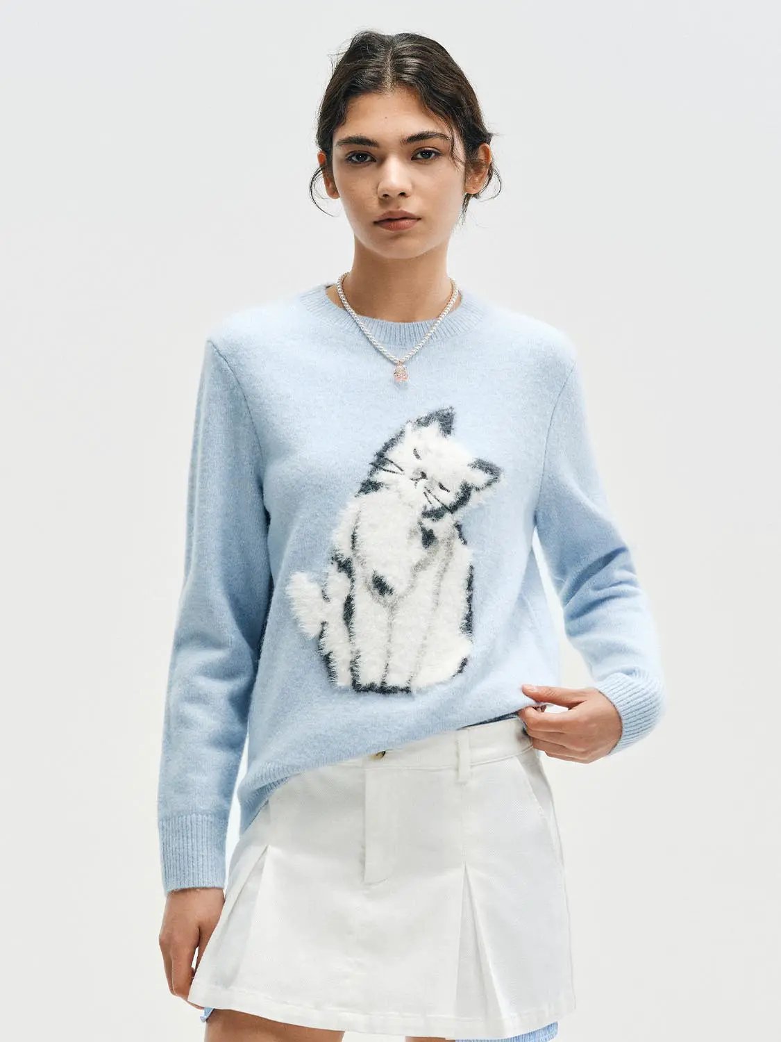 Ribbed Knit Cat Print Crew Neck Long Sleeve Sweater