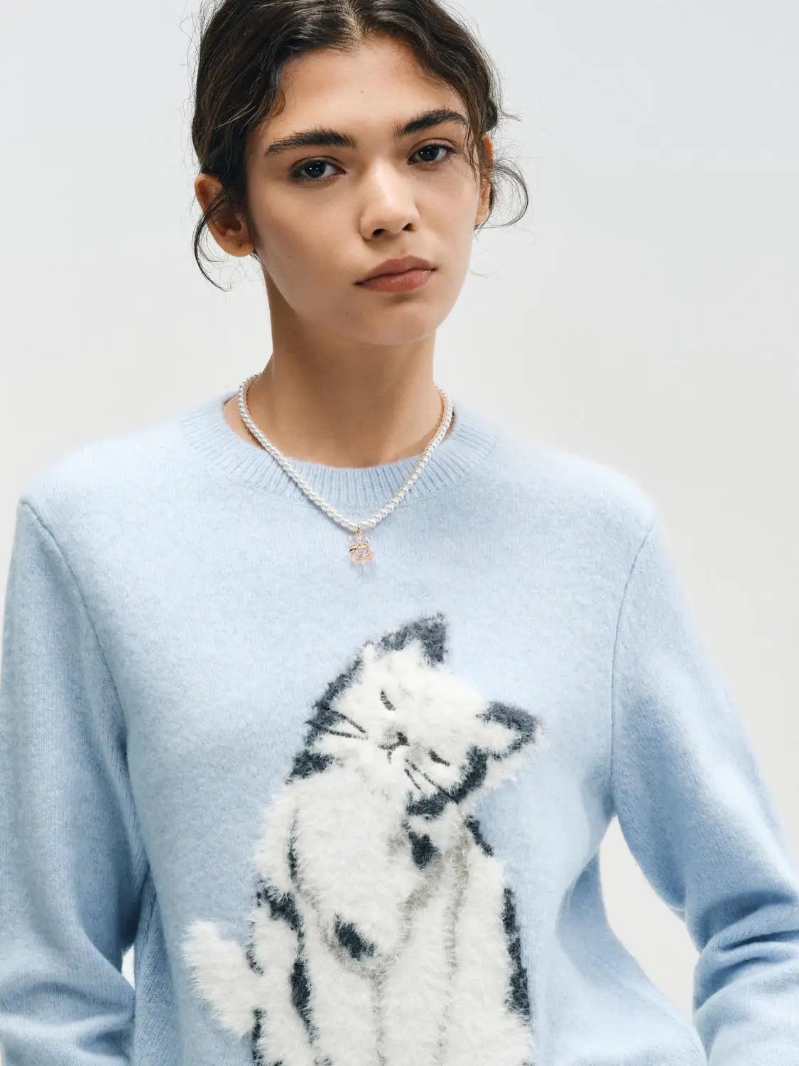 Ribbed Knit Cat Print Crew Neck Long Sleeve Sweater