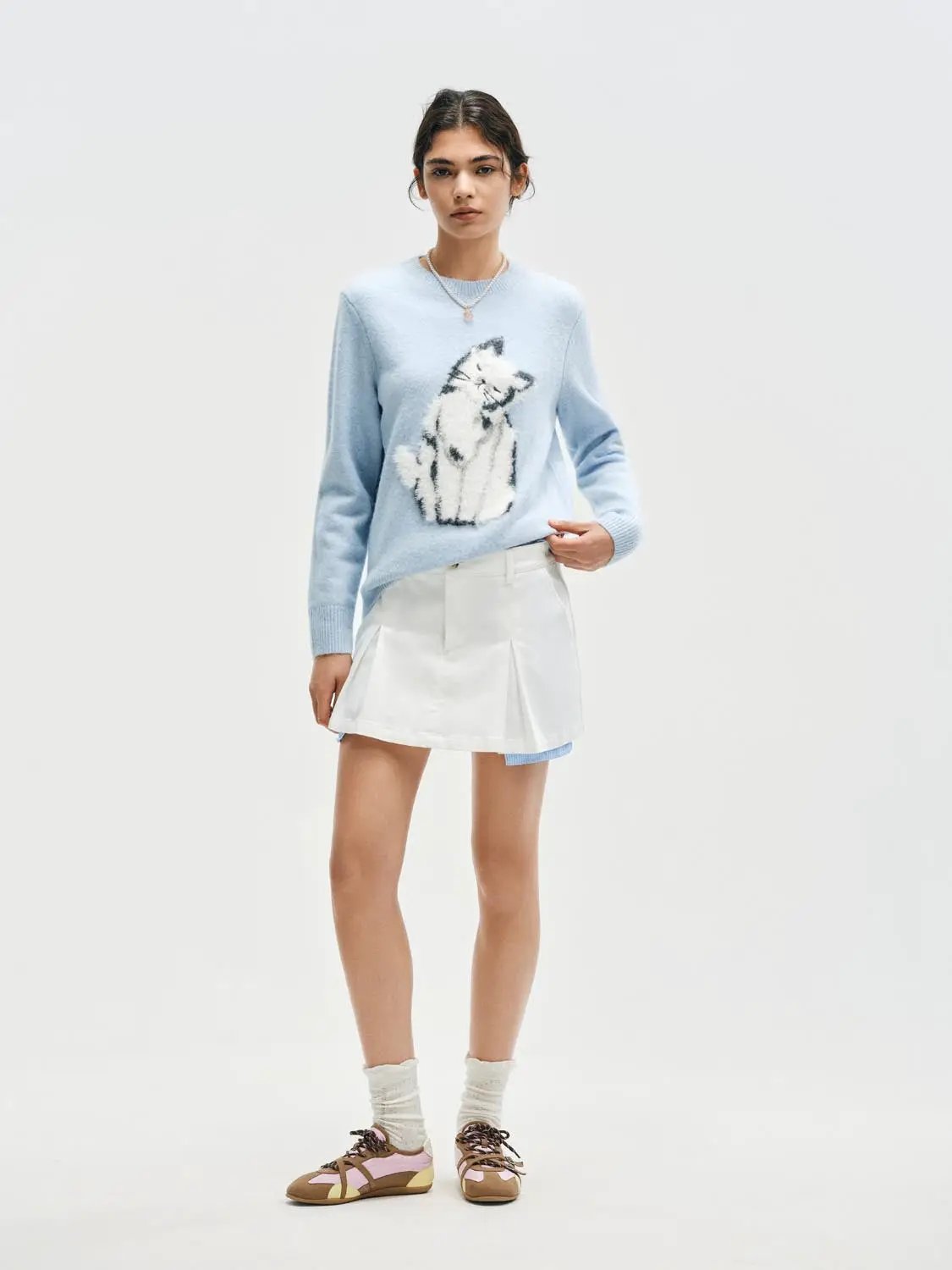 Ribbed Knit Cat Print Crew Neck Long Sleeve Sweater