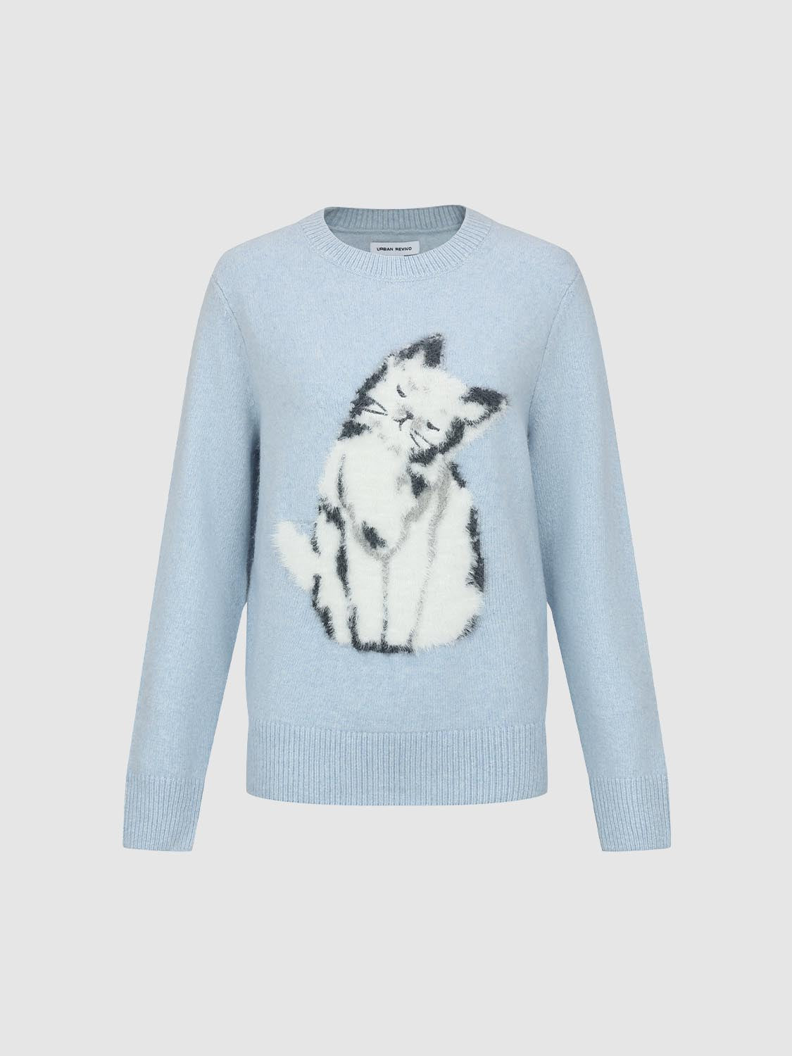 Ribbed Knit Cat Print Crew Neck Long Sleeve Sweater