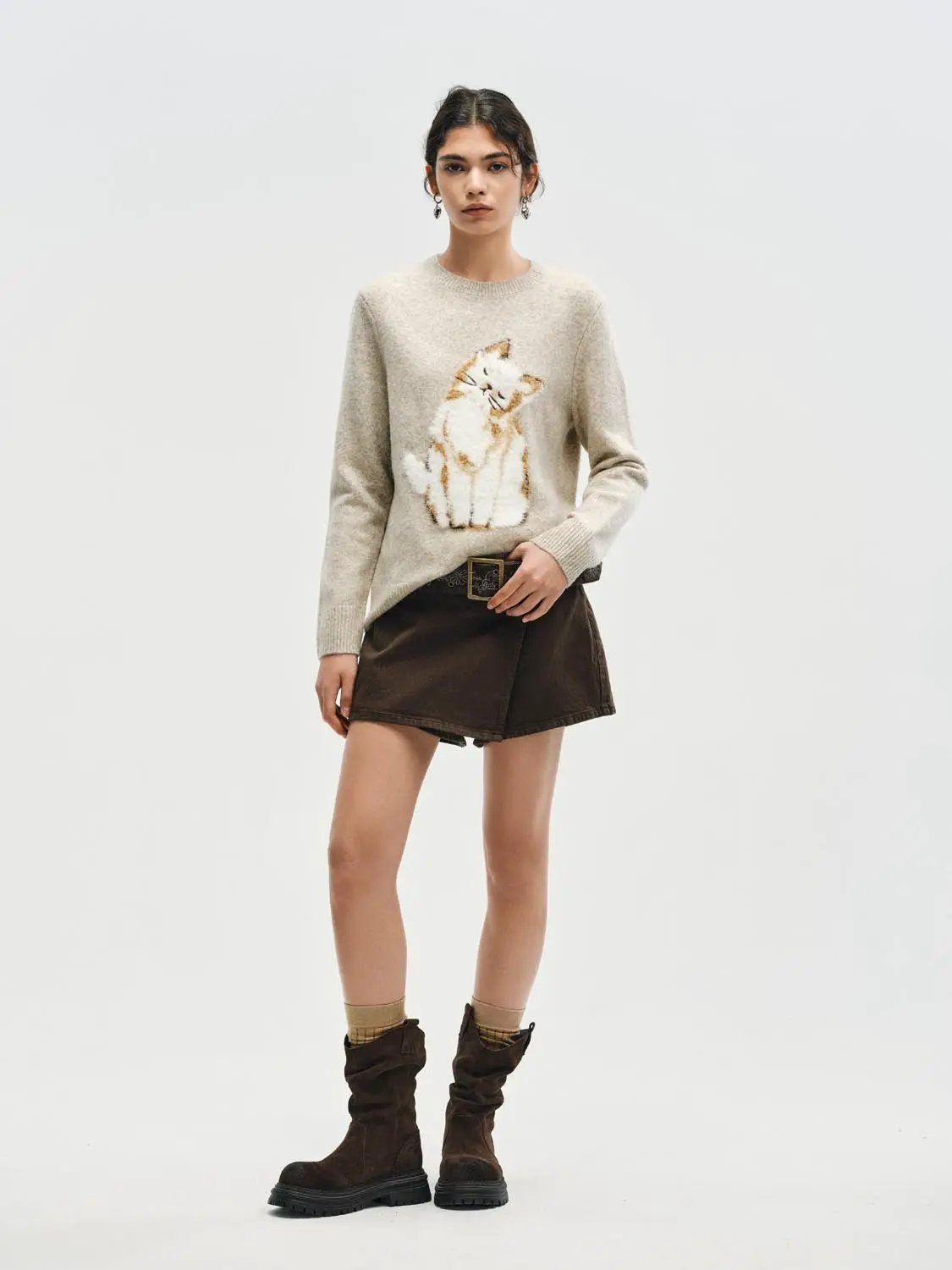 Ribbed Knit Cat Print Crew Neck Long Sleeve Sweater