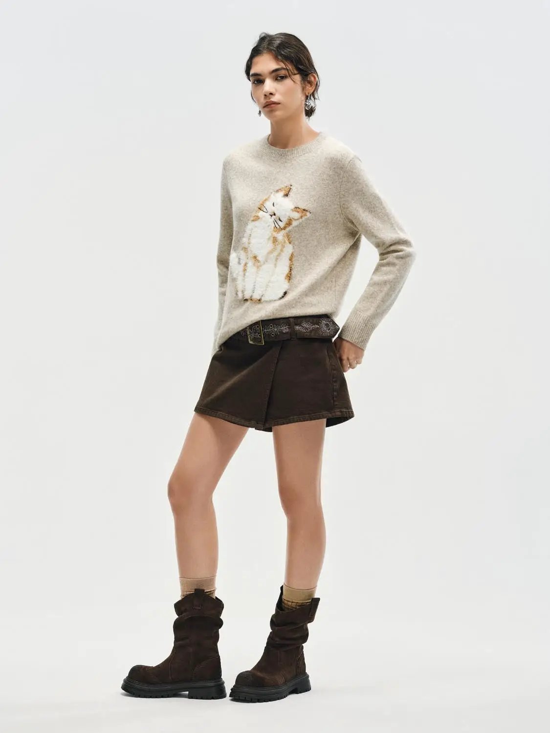 Ribbed Knit Cat Print Crew Neck Long Sleeve Sweater