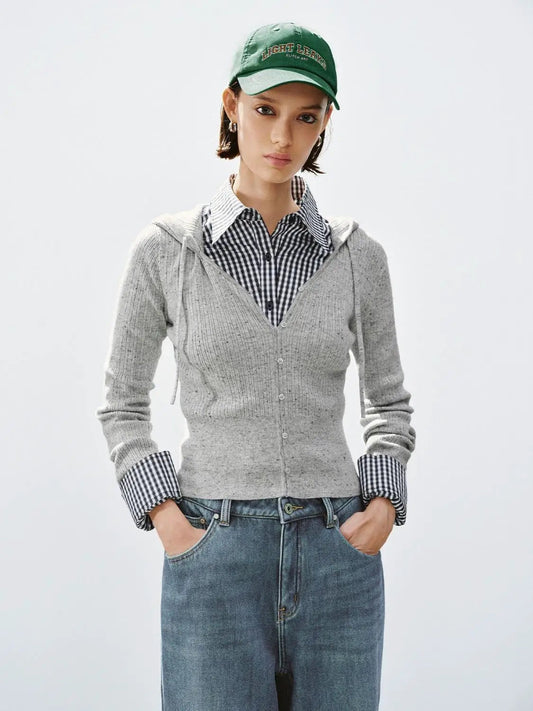 Fitted Ribbed Hooded Button-down Long Sleeve Cardigan