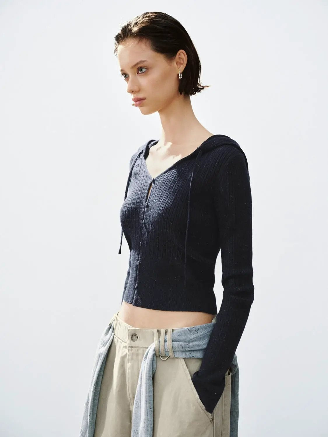 Fitted Ribbed Hooded Button-down Long Sleeve Cardigan