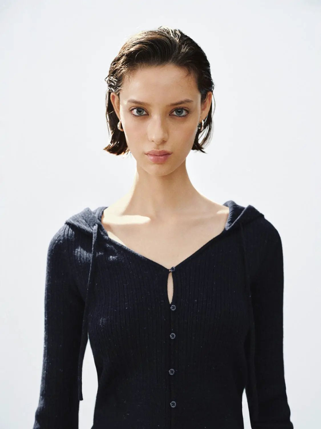 Fitted Ribbed Hooded Button-down Long Sleeve Cardigan