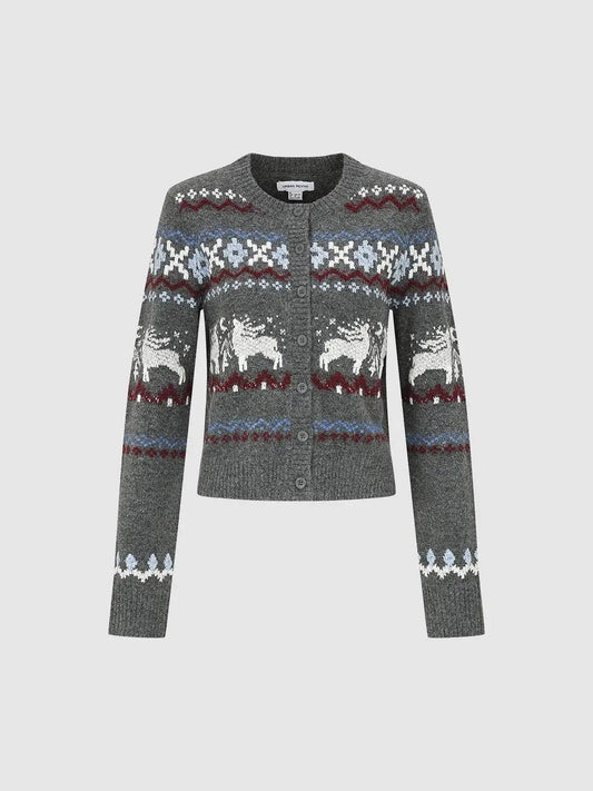 Fair Isle Knit Button Front Crew Neck Long Sleeve Cardigan