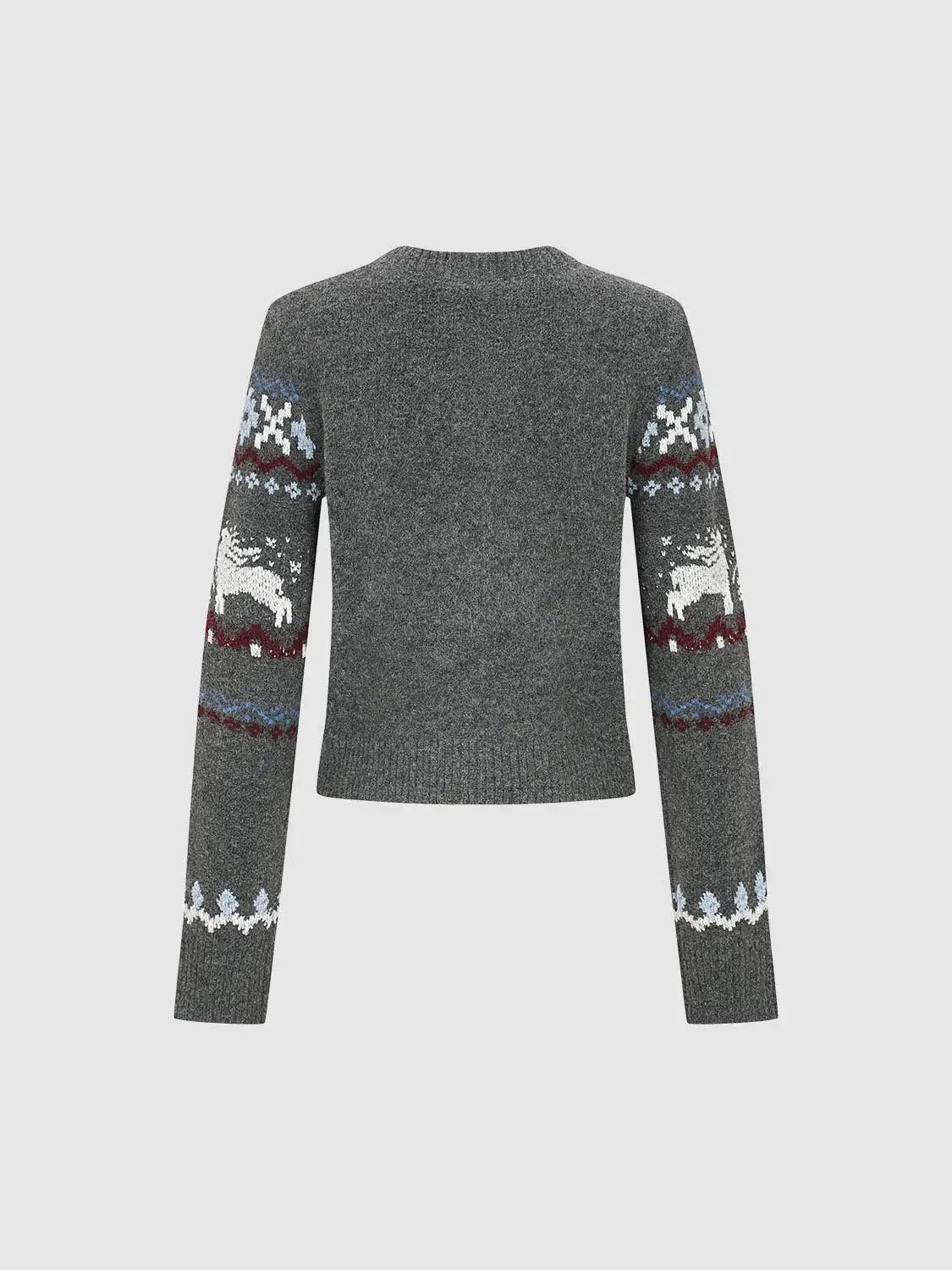 Fair Isle Knit Button Front Crew Neck Long Sleeve Cardigan
