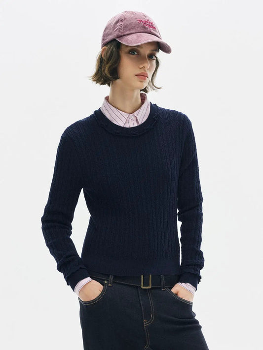 Cable Knit Ruffle Crew Neck Long Sleeve Cotton Sweater