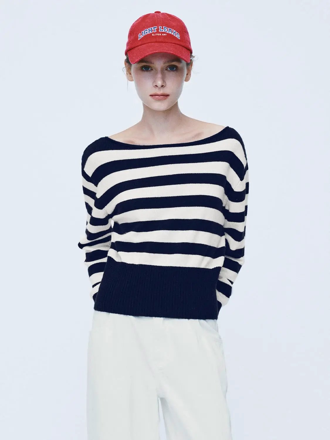 Striped Boat Neck Long Sleeve Ribbed Sweater