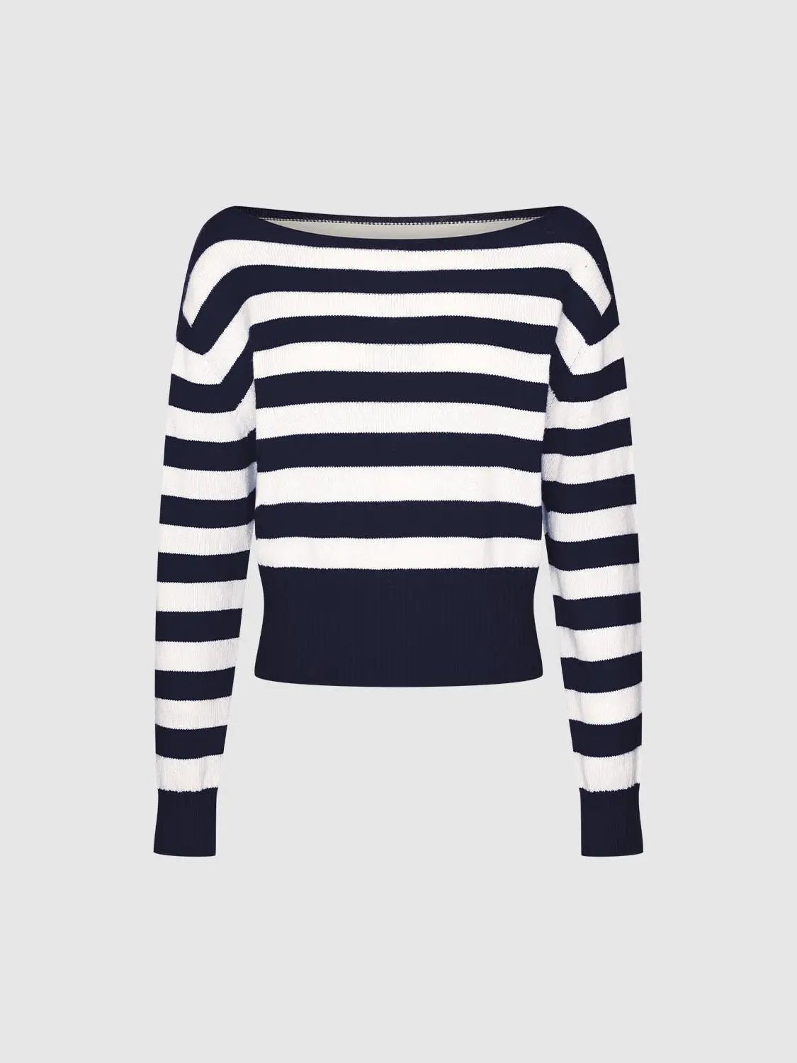 Striped Boat Neck Long Sleeve Ribbed Sweater