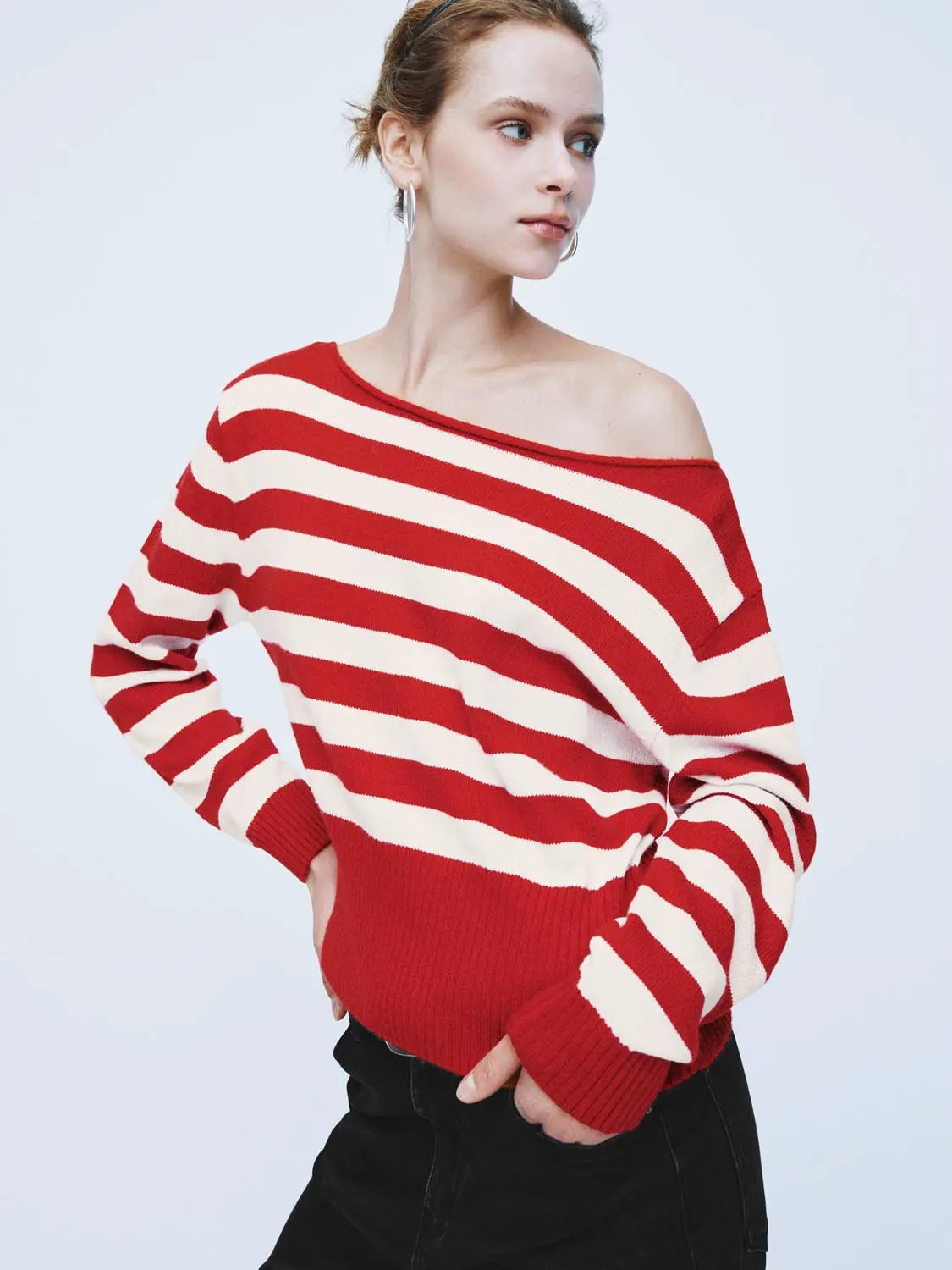 Striped Boat Neck Long Sleeve Ribbed Sweater