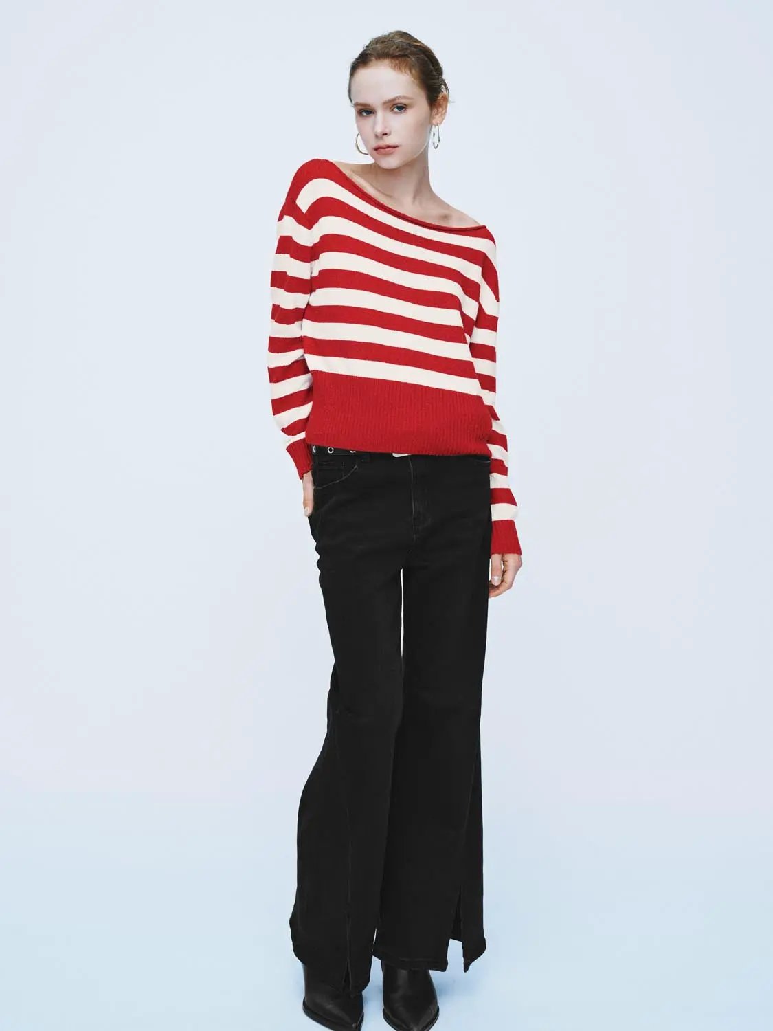 Striped Boat Neck Long Sleeve Ribbed Sweater